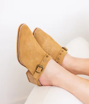 Drancy Western Mule - Embroidered Toe, Studded Harness, Genuine Leather, 1.5 Inch Heel, Tan