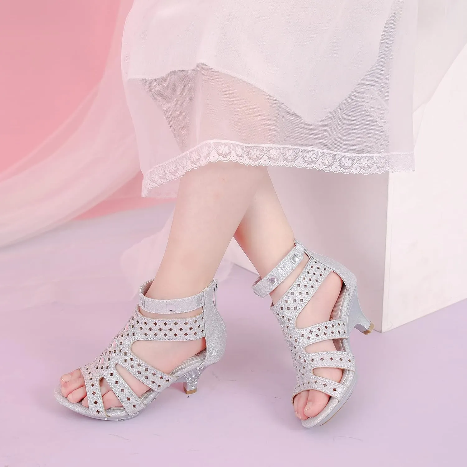 Dufannie Toddler Little Big Kid High Heels Flower Girls Party Dress Shoes Glitter Pump Sandals