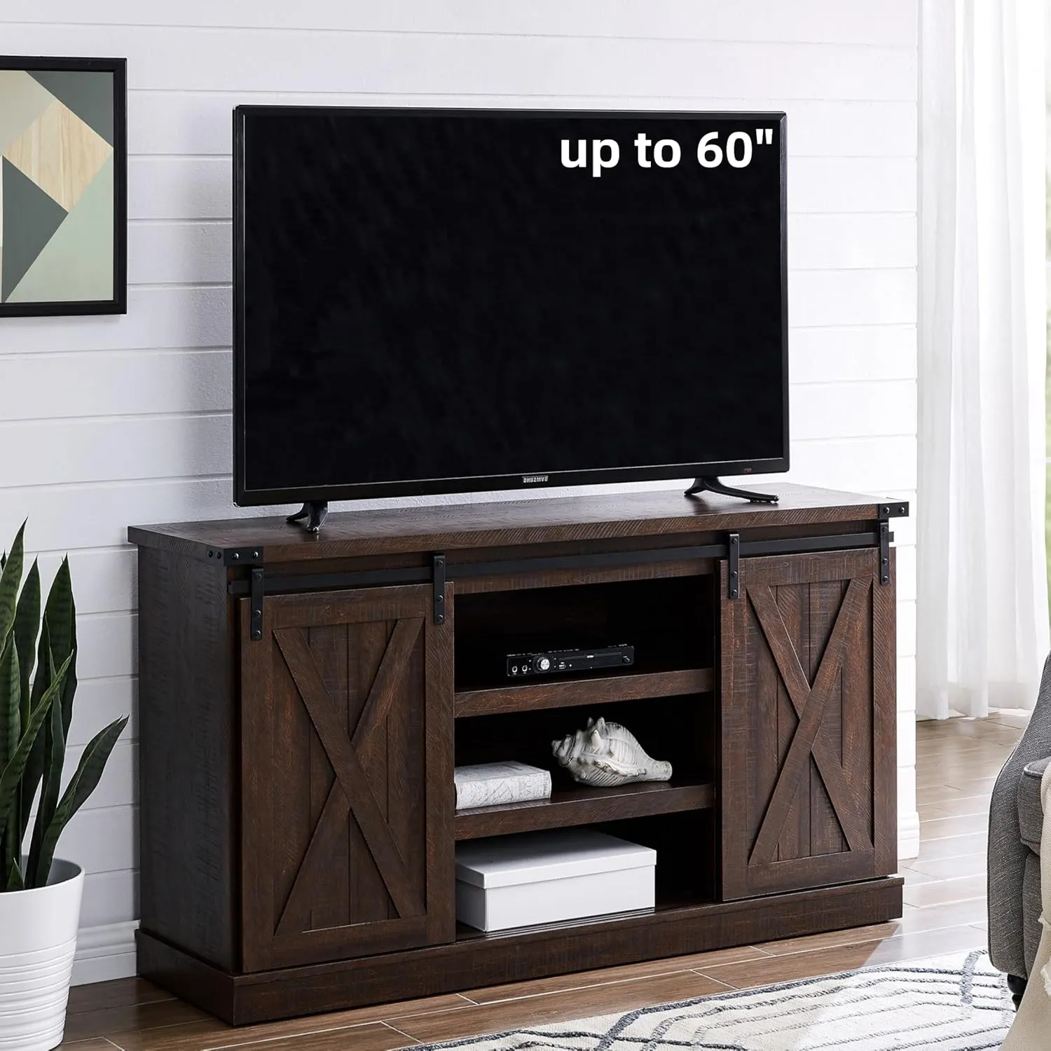 EDYO LIVING Farmhouse TV Stand for 60 Inch TV, Wood TV Stand with Sliding Barn Door, Entertainment Center with Storage Cabinet, Rustic Media Console for Living Room Bedroom, Espresso