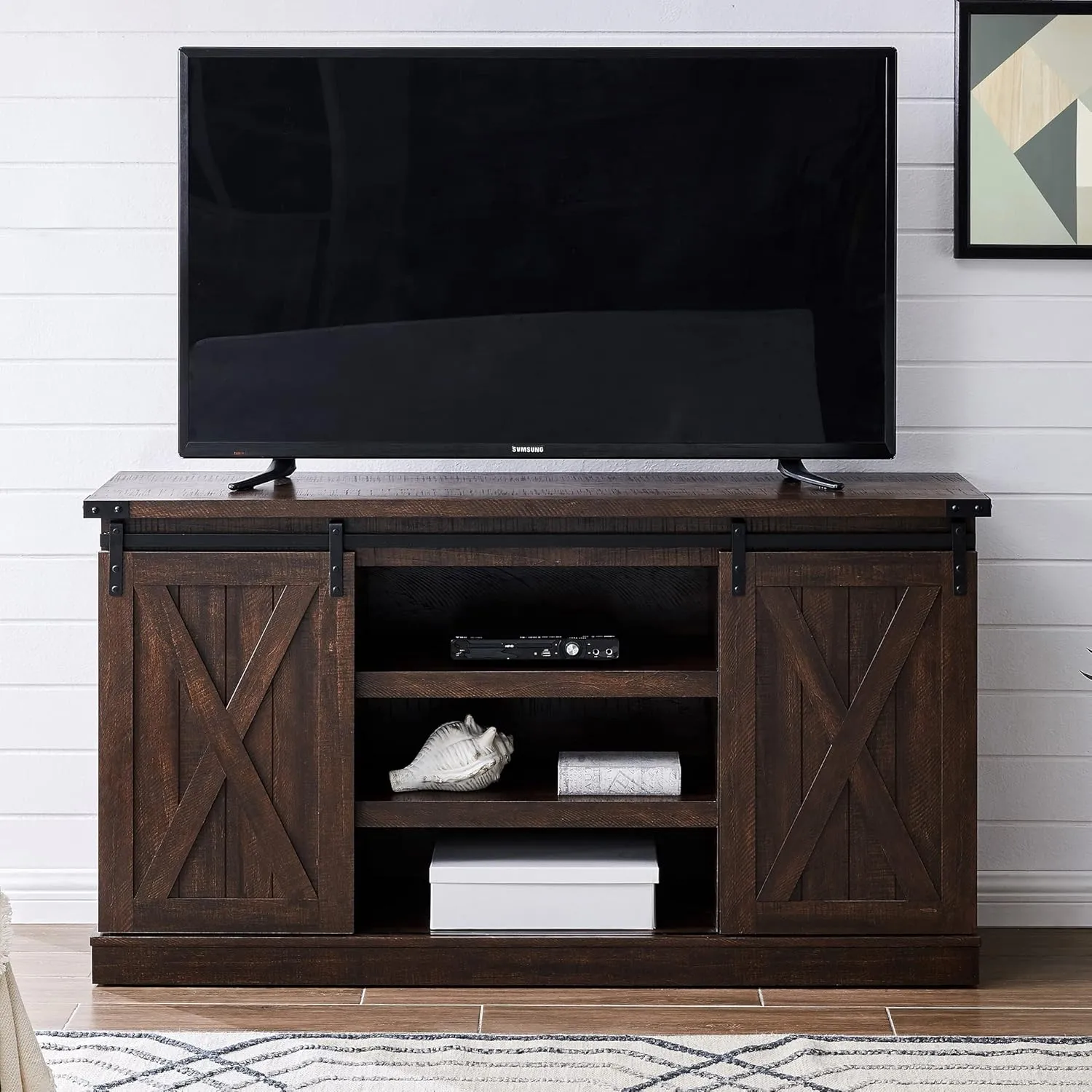 EDYO LIVING Farmhouse TV Stand for 60 Inch TV, Wood TV Stand with Sliding Barn Door, Entertainment Center with Storage Cabinet, Rustic Media Console for Living Room Bedroom, Espresso