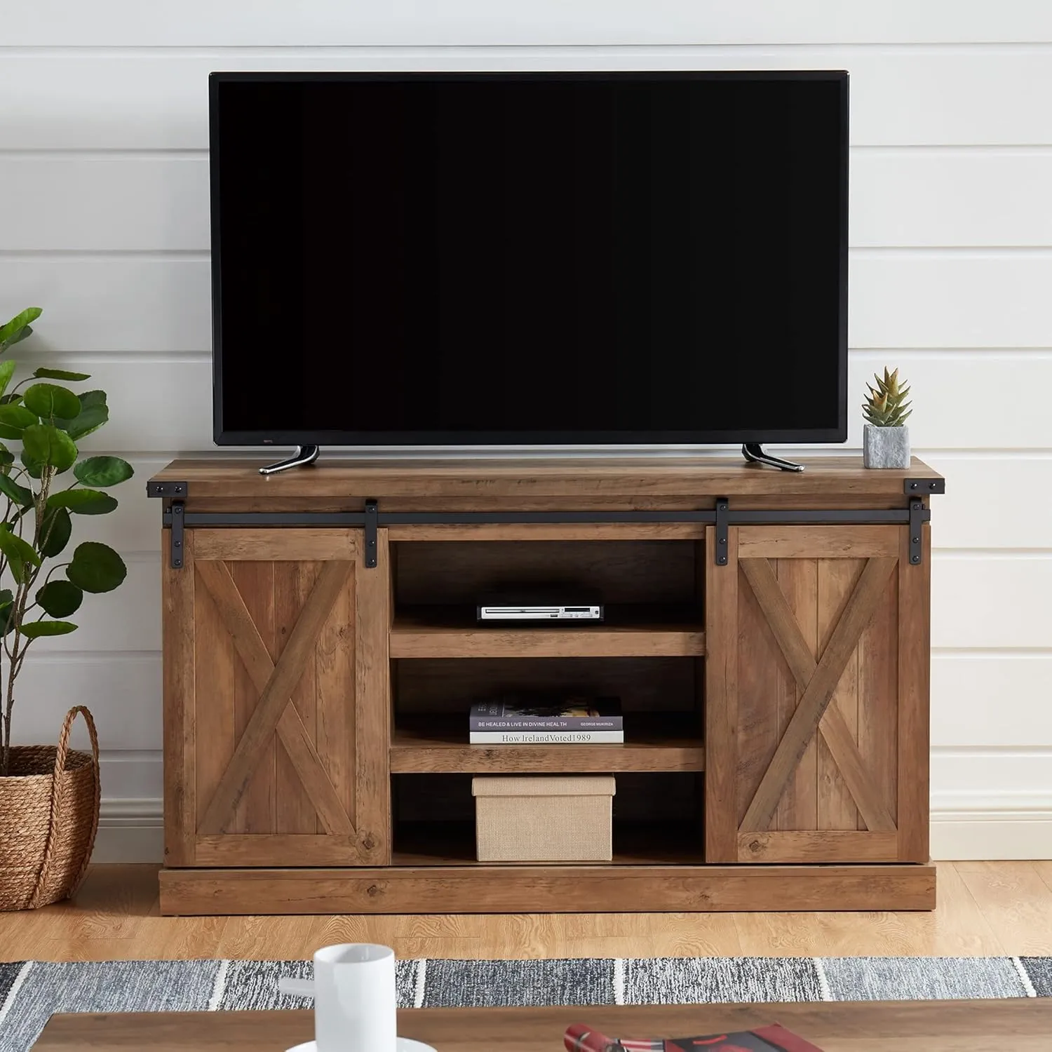 EDYO LIVING Farmhouse TV Stand for 60 Inch TV, Wood TV Stand with Sliding Barn Door, Entertainment Center with Storage Cabinet, Rustic Media Console for Living Room Bedroom, Rustic Oak