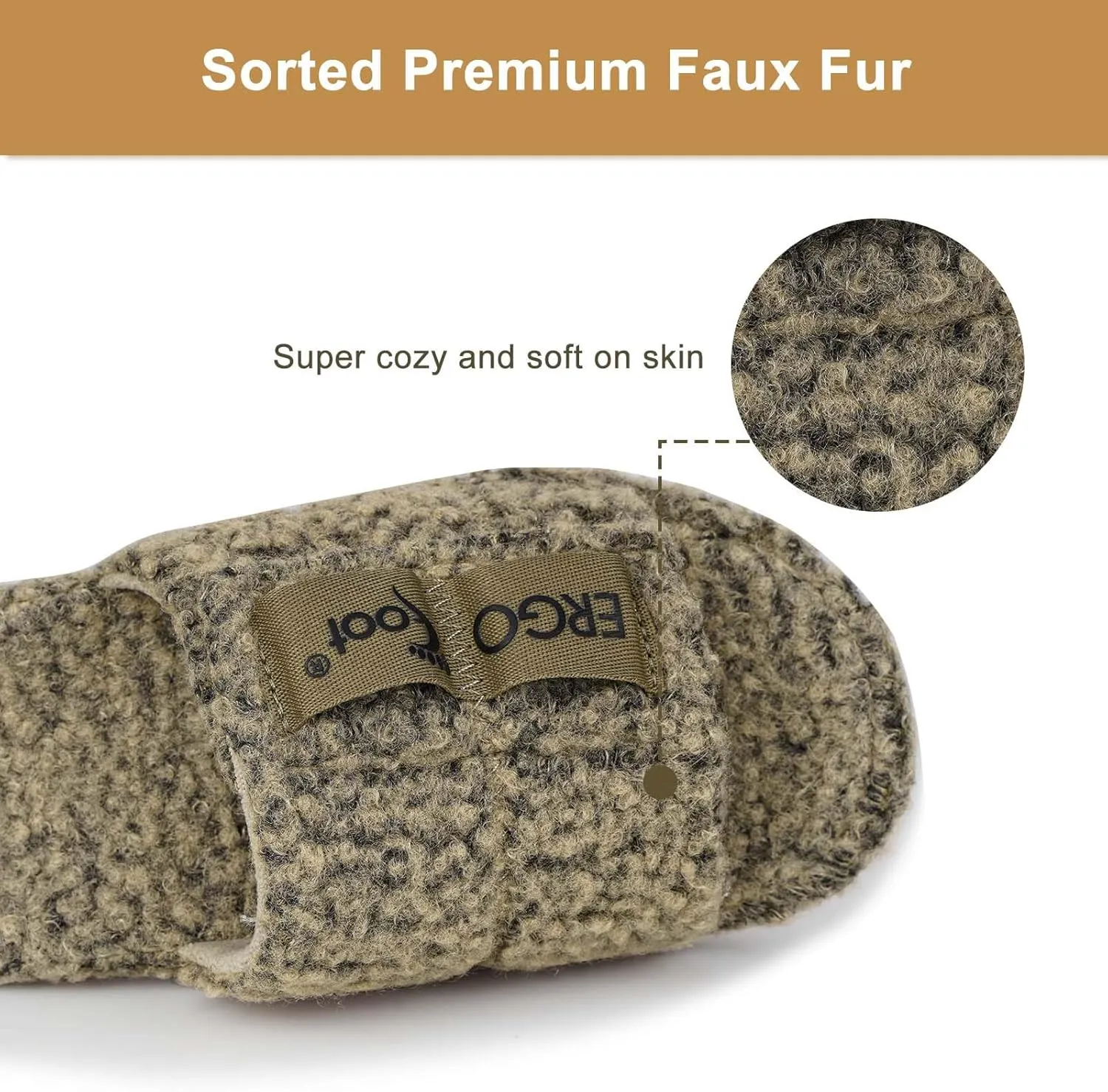 ERGOfoot Fuzzy House Slippers with Arch Support for Women Men, Orthopedic Slide Slippers for Plantar Fasciitis Open Toe Indoor House Shoes with Adjustable Straps, Foot Pain Relief