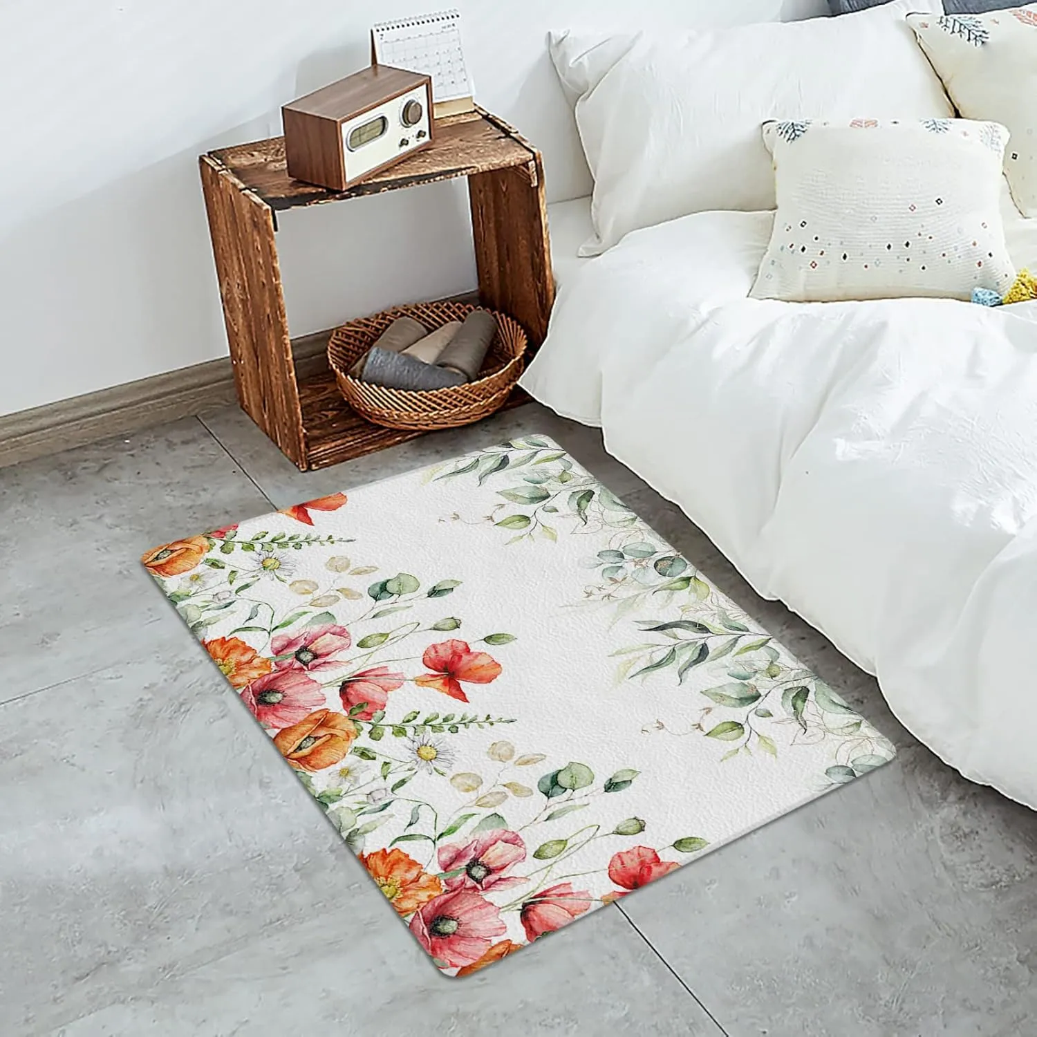 Eucalyptus Antifatigue Kitchen Bath Door Mat Cushioned Runner Rug,Washable Welcome Floor Sink Mat,Daisy Poppies Flower Spring Summer Retro Plant Waterproof Comfort Standing Doormat for Kitchen,20"x39"