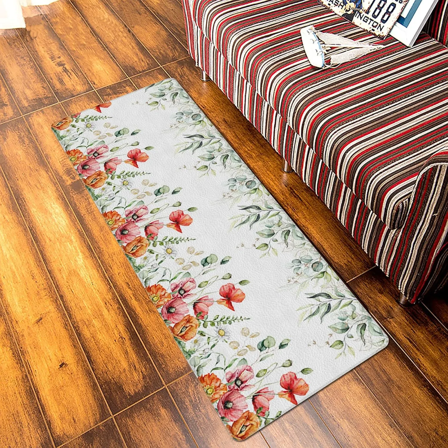 Eucalyptus Antifatigue Kitchen Bath Door Mat Cushioned Runner Rug,Washable Welcome Floor Sink Mat,Daisy Poppies Flower Spring Summer Retro Plant Waterproof Comfort Standing Doormat for Kitchen,20"x39"