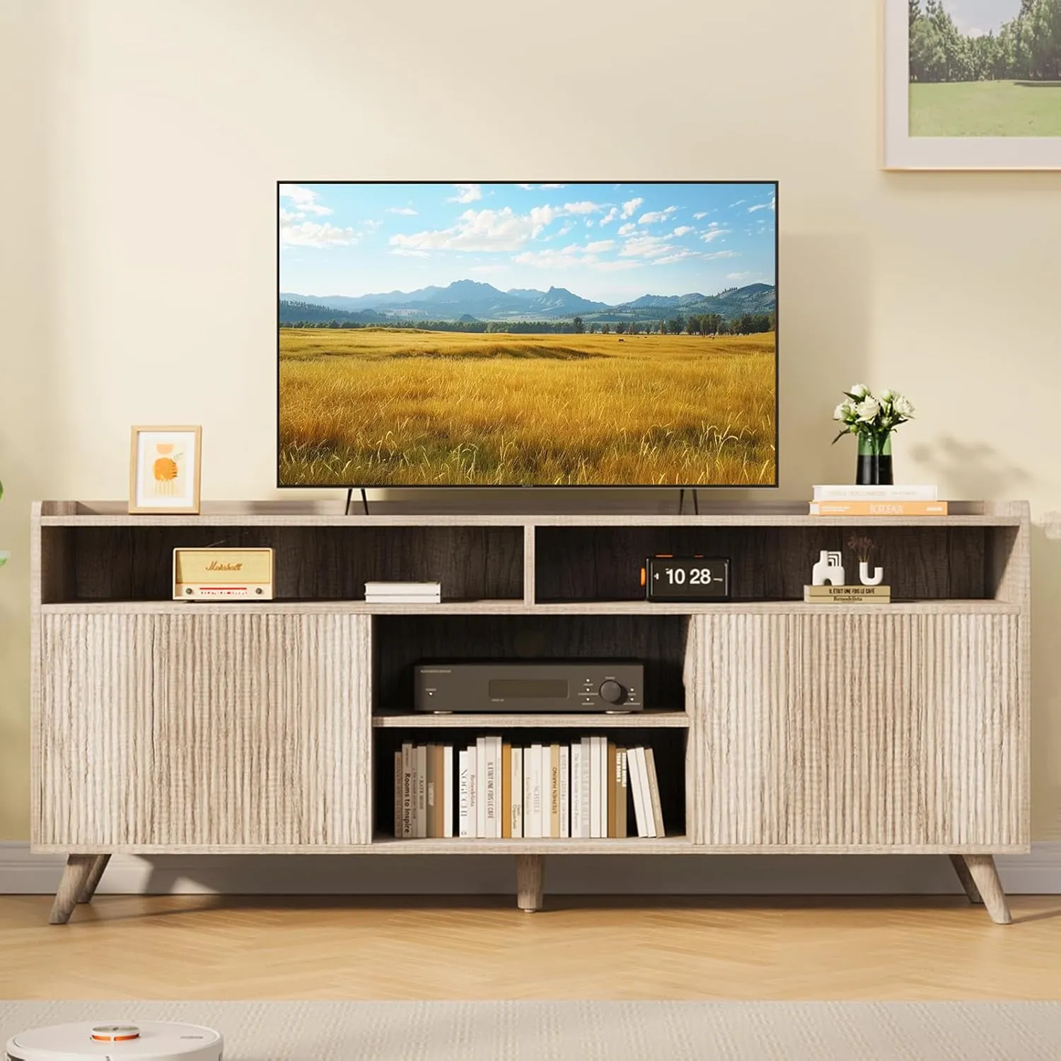 Farmhouse TV Stand for 65 Inch, TV Stands for Living Room with Sliding Doors and Adjustable Shelf, Entertainment Center with Storage Media TV Console Table for Bedroom (Sunwashed Ash Oak)