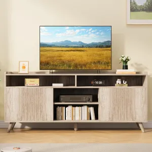 Farmhouse TV Stand for 65 Inch, TV Stands for Living Room with Sliding Doors and Adjustable Shelf, Entertainment Center with Storage Media TV Console Table for Bedroom (Sunwashed Ash Oak)