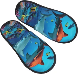 Fish Sharks Coral Furry Slippers for Men Women Fuzzy Memory Foam Slippers Warm Comfy Slip-on Bedroom Shoes Winter House Shoes for Indoor Outdoor Medium