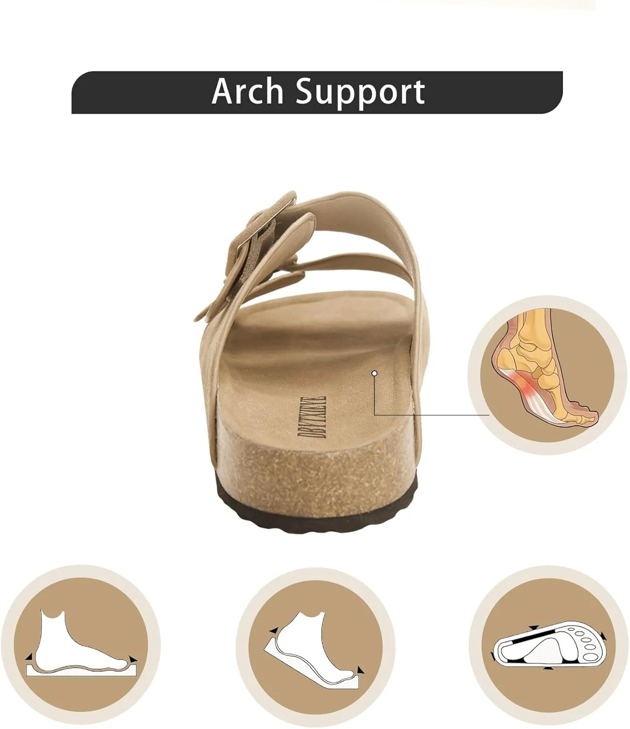 Flat sandals for women, Summer Cork Footbed Slide Sandals with Arch support,100% Genuine Leather