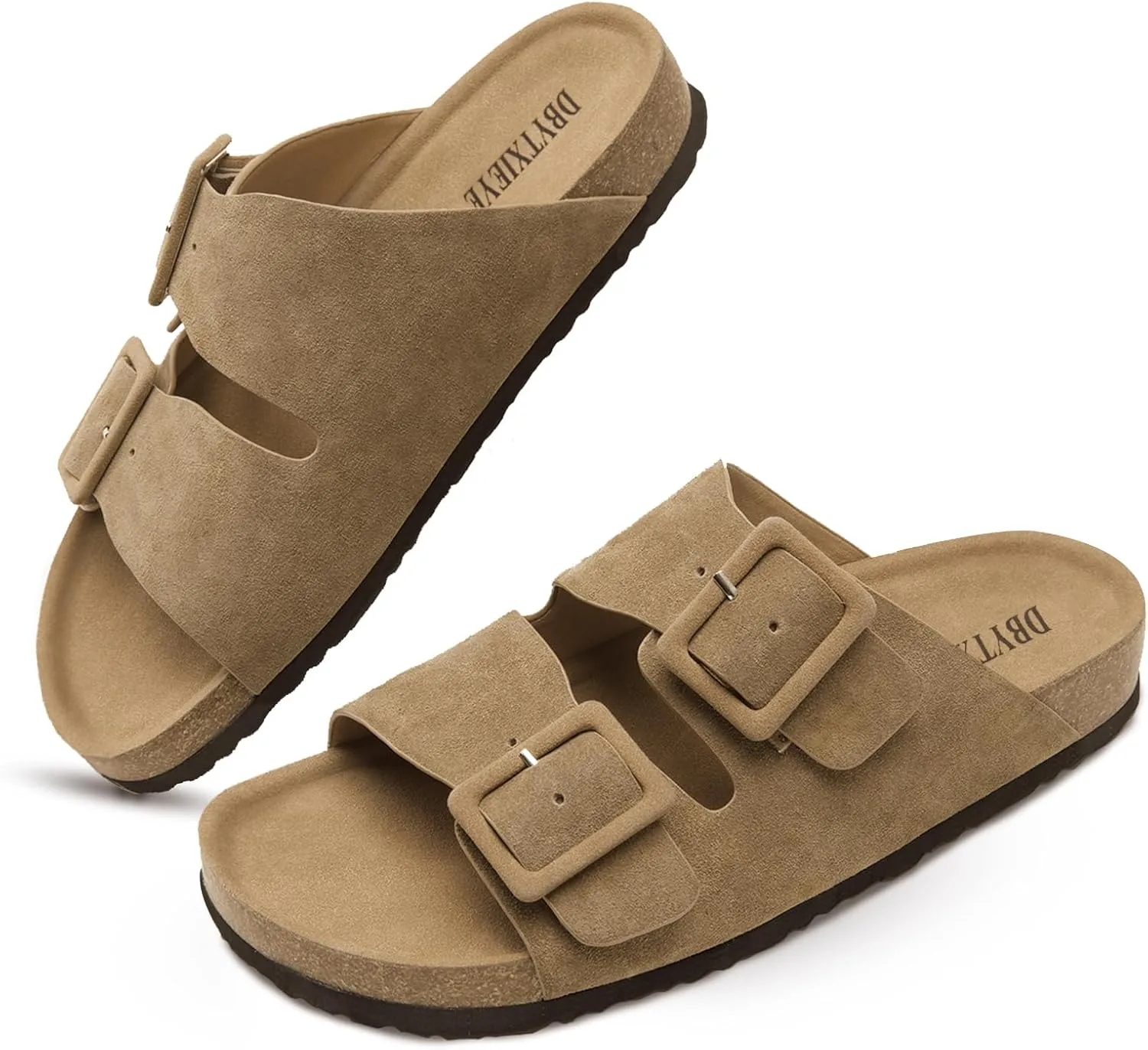 Flat sandals for women, Summer Cork Footbed Slide Sandals with Arch support,100% Genuine Leather