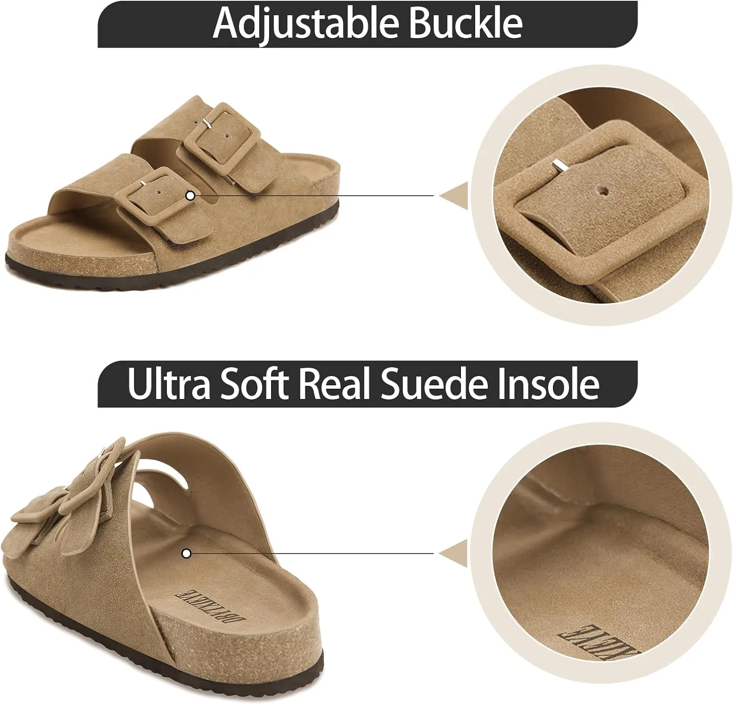 Flat sandals for women, Summer Cork Footbed Slide Sandals with Arch support,100% Genuine Leather