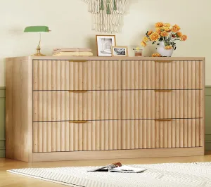Fluted 6 Drawer Dresser for Bedroom, Wide Modern Chest of Drawers with Metal Handle, Curved Profile Design, Wood Closet Clothes Storage Organizer for Bedroom, Living Room, Hallway, Natural