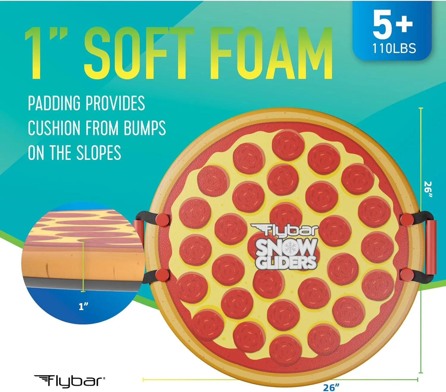 Flybar Kids 26" Foam Saucer Disc Snow Sled with Slick Bottom & PE Core Build for Boys and Girls Ages 6 , Holds Up to 110 Lbs (Pizza)