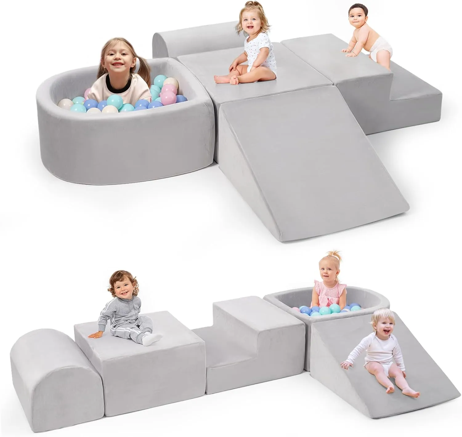 Foam Climbing Blocks for Toddlers, 5-Piece Climb and Crawl Foam Playset, Indoor Activity Play Structure with Large Ball Pit, Machine Washable Velvet Cover, Soft Climbing Toy for Kids (Gray)