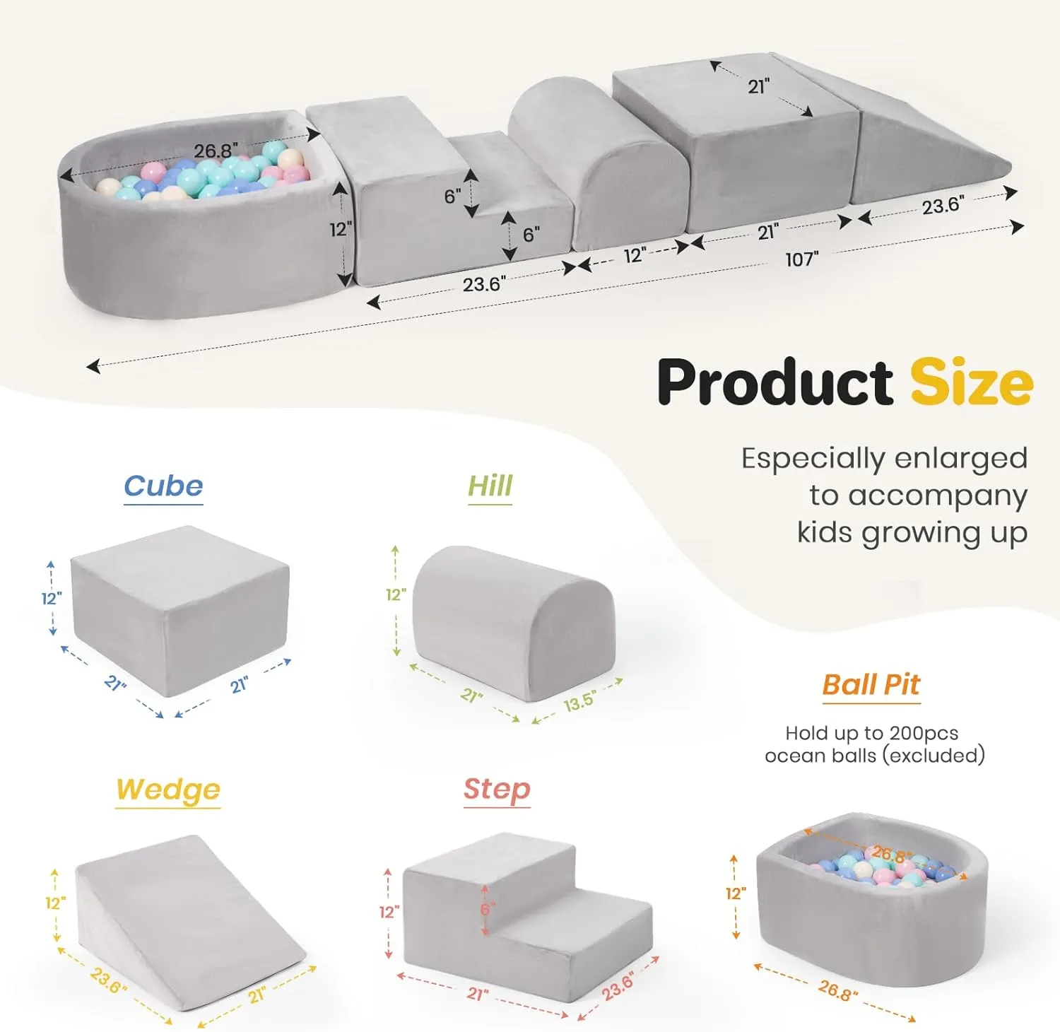 Foam Climbing Blocks for Toddlers, 5-Piece Climb and Crawl Foam Playset, Indoor Activity Play Structure with Large Ball Pit, Machine Washable Velvet Cover, Soft Climbing Toy for Kids (Gray)