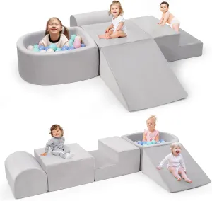 Foam Climbing Blocks for Toddlers, 5-Piece Climb and Crawl Foam Playset, Indoor Activity Play Structure with Large Ball Pit, Machine Washable Velvet Cover, Soft Climbing Toy for Kids (Gray)