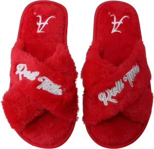 FOCO Womens NCAA College Team Script Wordmark Fuzzy Cross Slide Slippers