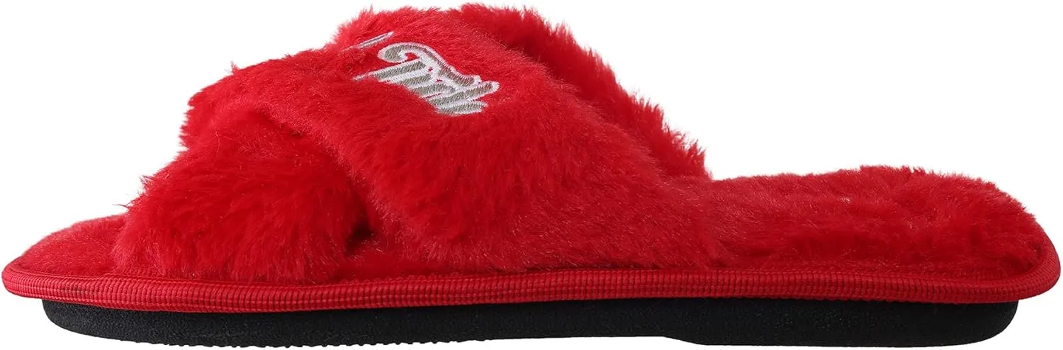 FOCO Womens NCAA College Team Script Wordmark Fuzzy Cross Slide Slippers