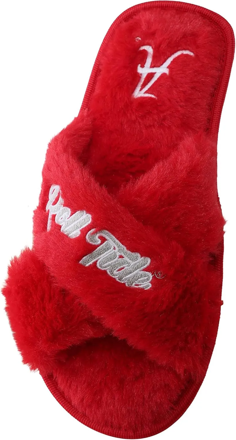 FOCO Womens NCAA College Team Script Wordmark Fuzzy Cross Slide Slippers