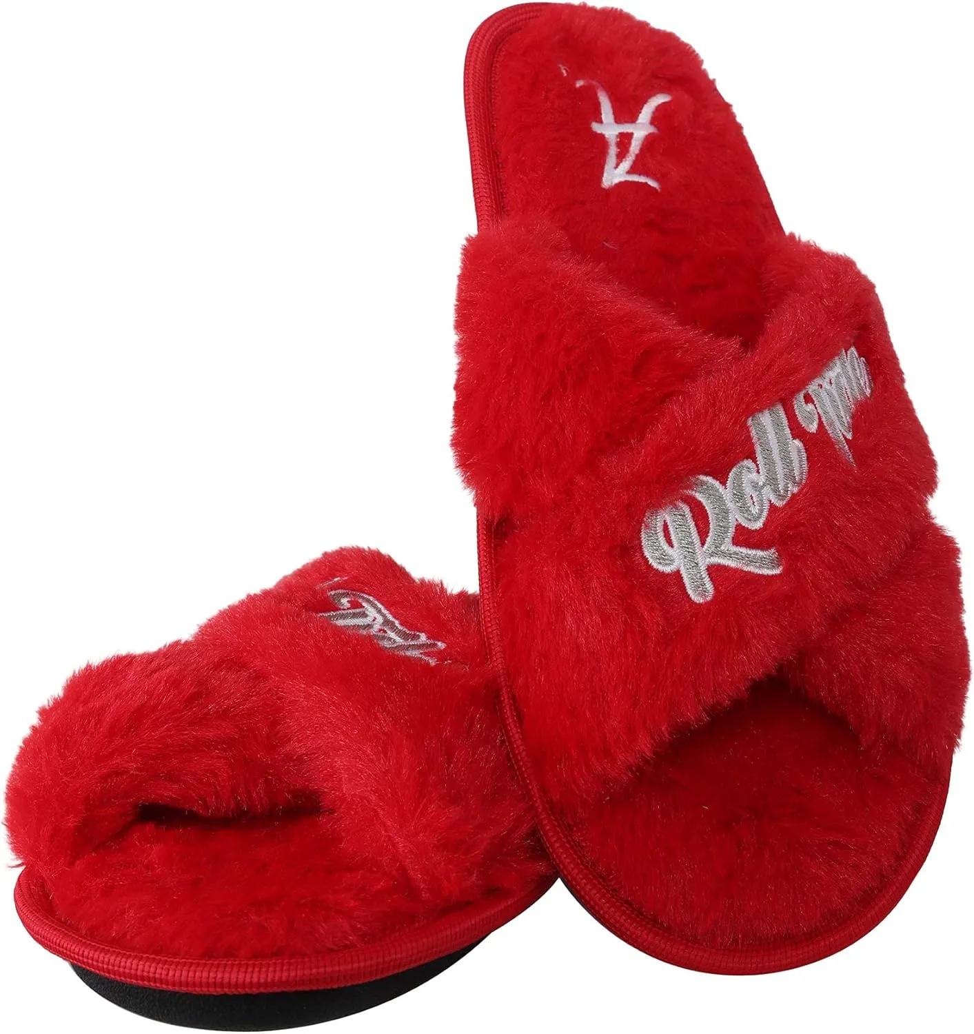 FOCO Womens NCAA College Team Script Wordmark Fuzzy Cross Slide Slippers