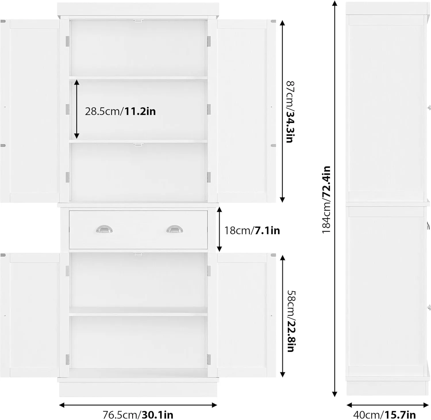 FOTOSOK 72" Utility Pantry Storage Cabinets for Kitchen, Dining Room, Living Room, White , Freestanding Cupboard with 4 Doors, Drawer, 4 Shelves