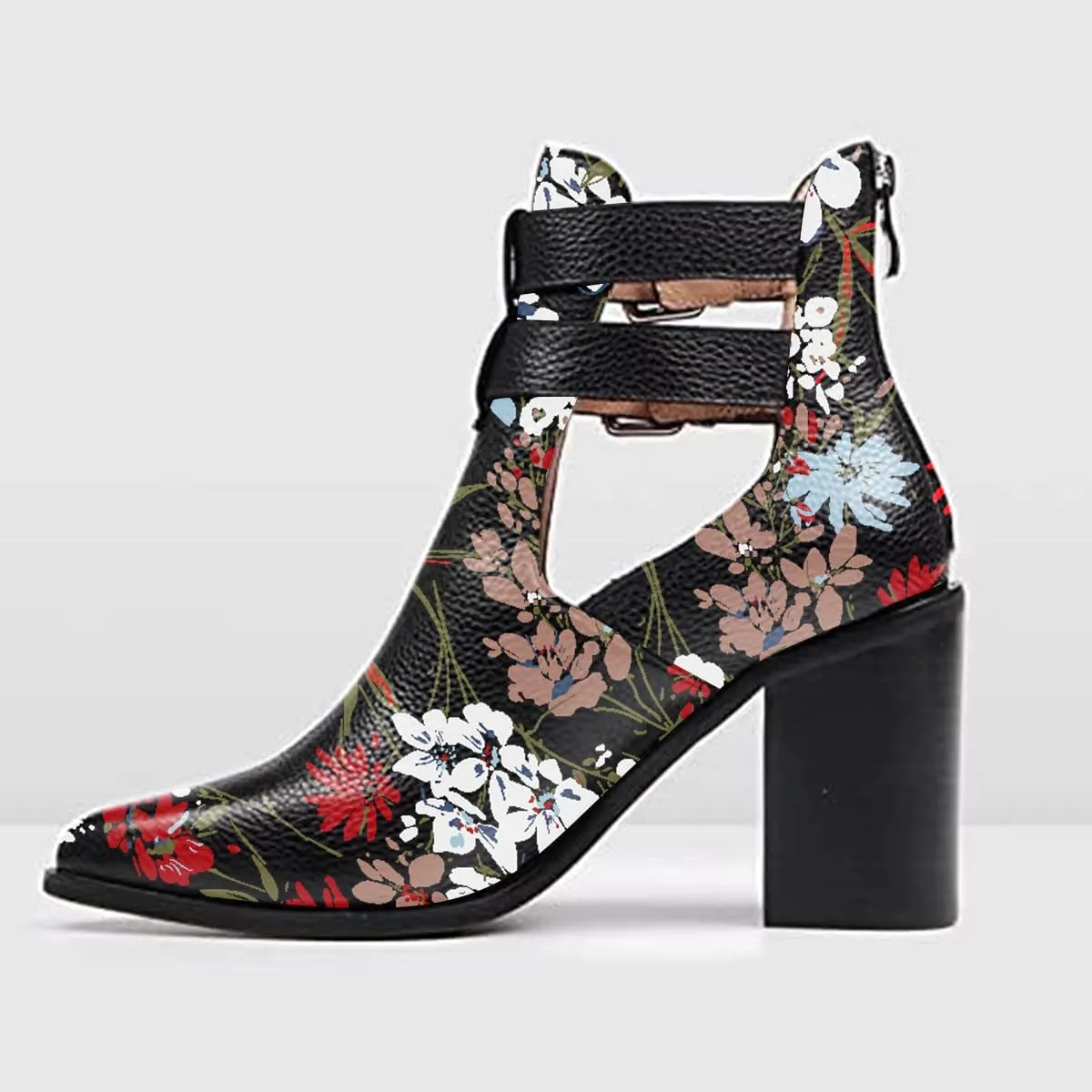 FOWT Cut Out Ankle Booties for Women Hollow out Open Side High Heels Bootie Metal Buckle Shorty Summer Boots Ladies Work Daily and Commuting Size 4-16 US