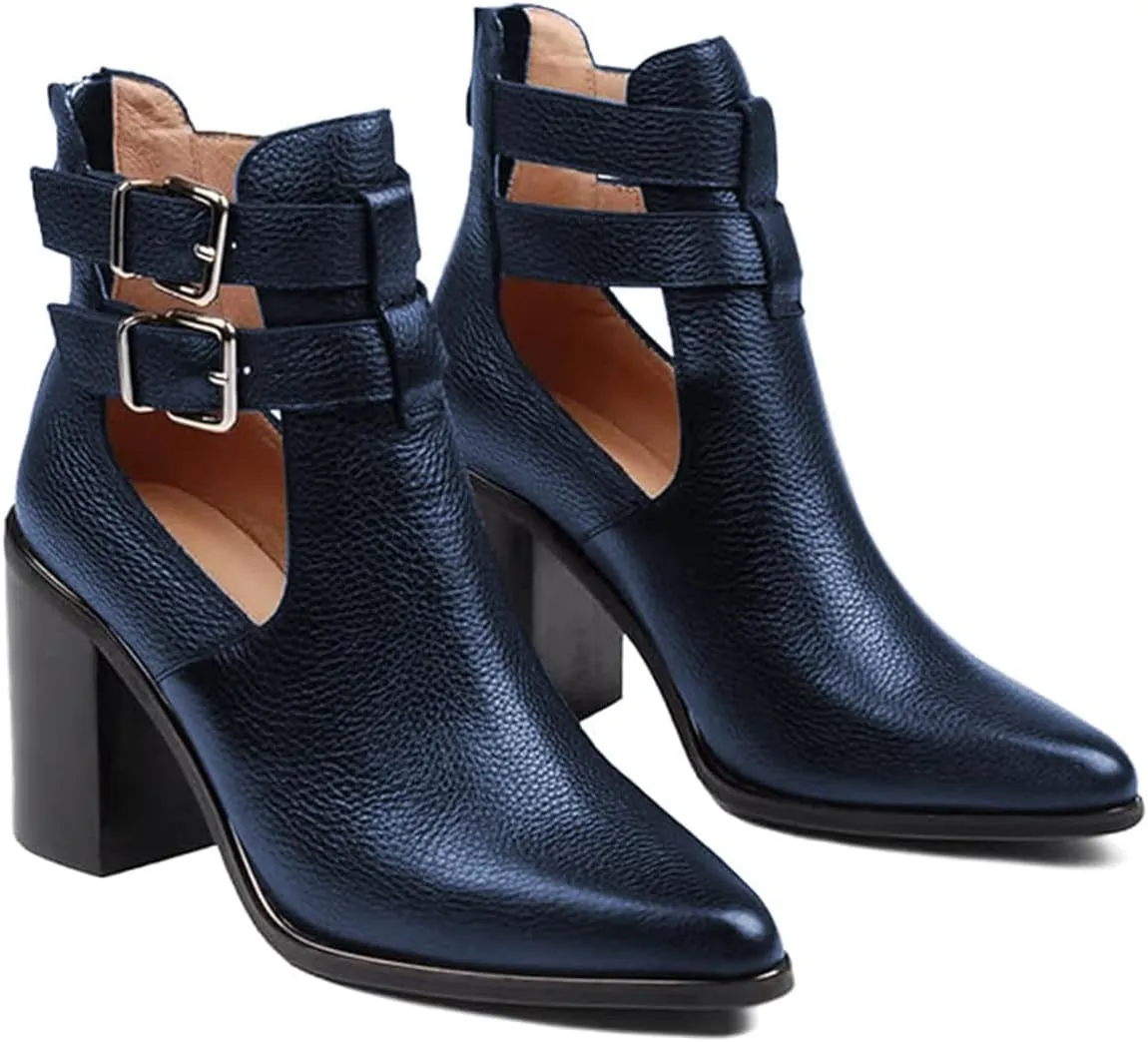 FOWT Cut Out Ankle Booties for Women Hollow out Open Side High Heels Bootie Metal Buckle Shorty Summer Boots Ladies Work Daily and Commuting Size 4-16 US