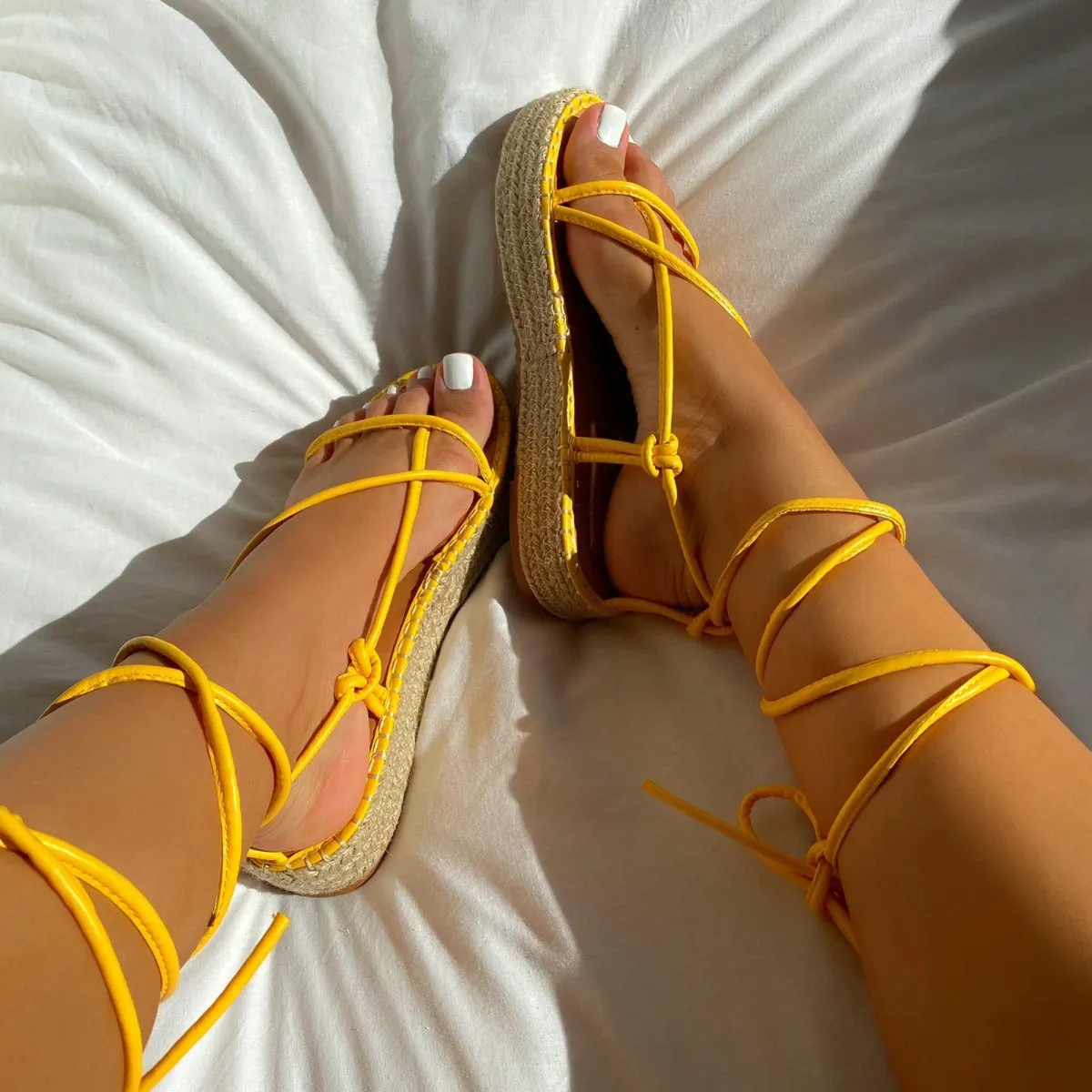 Frieda Yellow Lace Up Espadrille Flatform Sandals