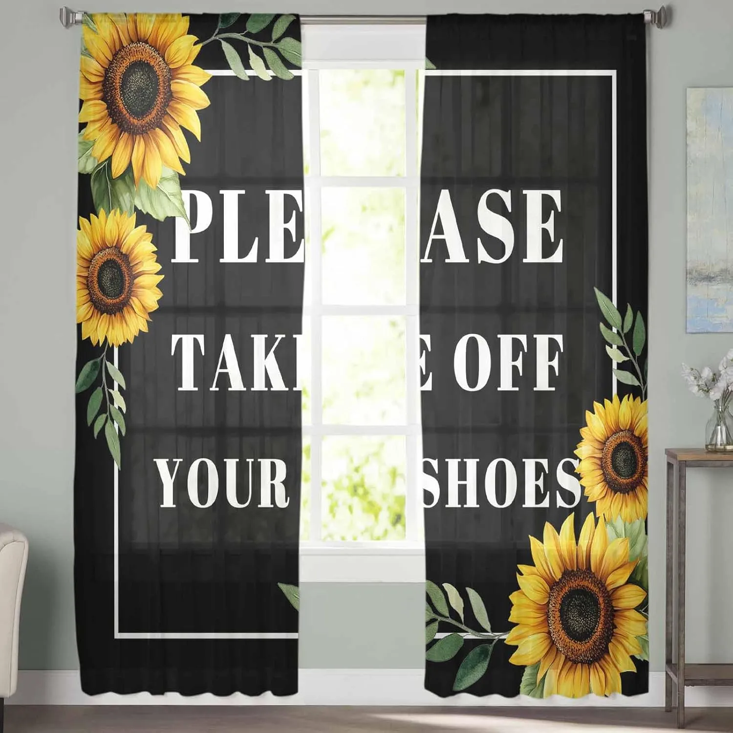 Funny Black Semi Sheer Curtains 63 Inch Length 2 Panels Set, Sunflower Leaf Take Off Your Shoes Chiffon Kitchen Curtains Rod Pocket Sheer Drapes for Bedroom Living Room, Voile Window Treatment