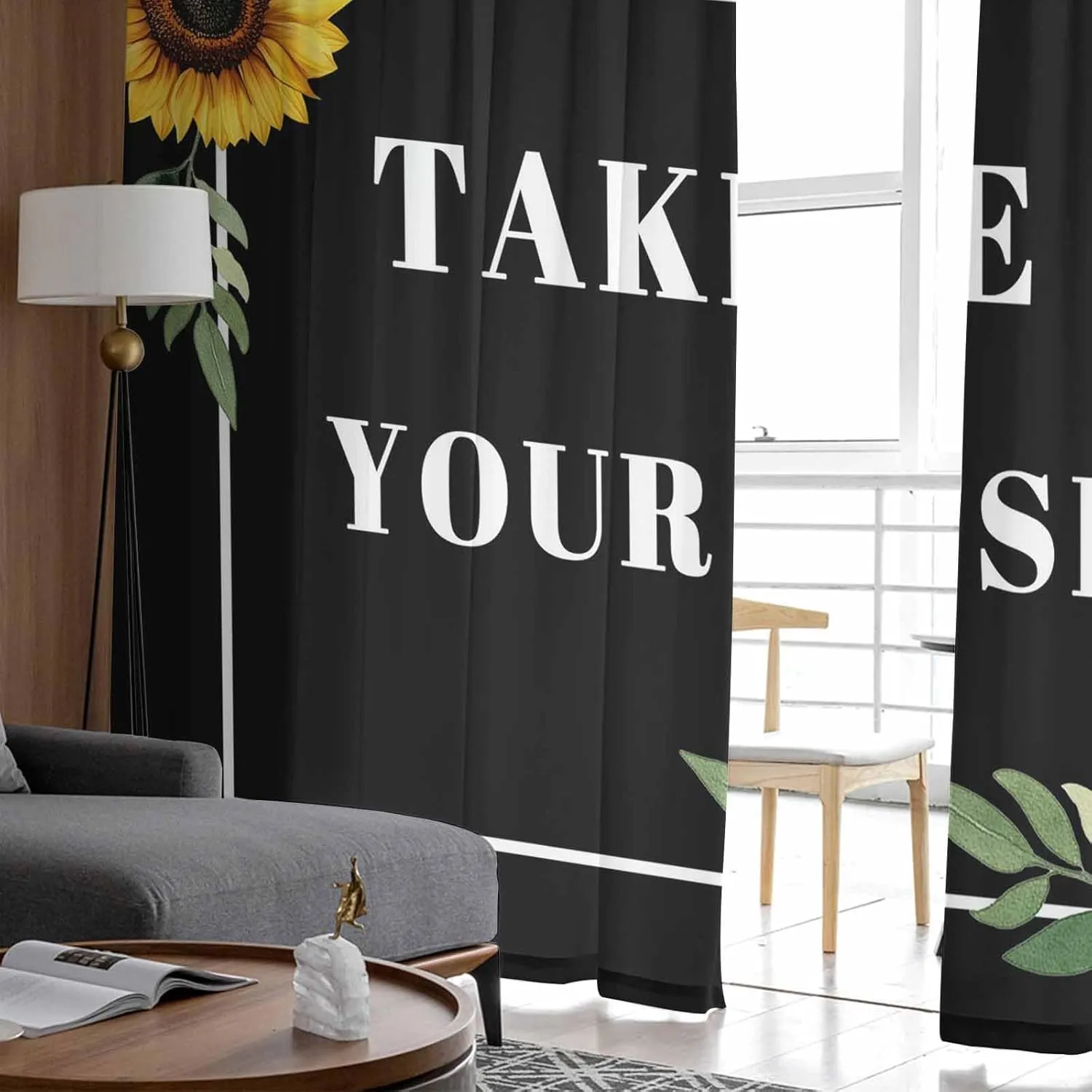 Funny Black Semi Sheer Curtains 63 Inch Length 2 Panels Set, Sunflower Leaf Take Off Your Shoes Chiffon Kitchen Curtains Rod Pocket Sheer Drapes for Bedroom Living Room, Voile Window Treatment