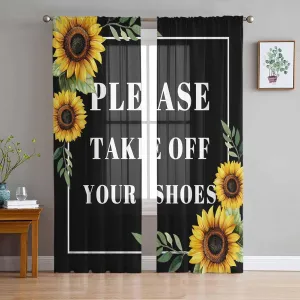 Funny Black Semi Sheer Curtains 63 Inch Length 2 Panels Set, Sunflower Leaf Take Off Your Shoes Chiffon Kitchen Curtains Rod Pocket Sheer Drapes for Bedroom Living Room, Voile Window Treatment