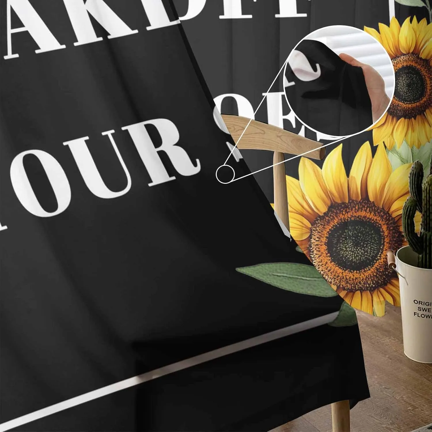 Funny Black Semi Sheer Curtains 63 Inch Length 2 Panels Set, Sunflower Leaf Take Off Your Shoes Chiffon Kitchen Curtains Rod Pocket Sheer Drapes for Bedroom Living Room, Voile Window Treatment
