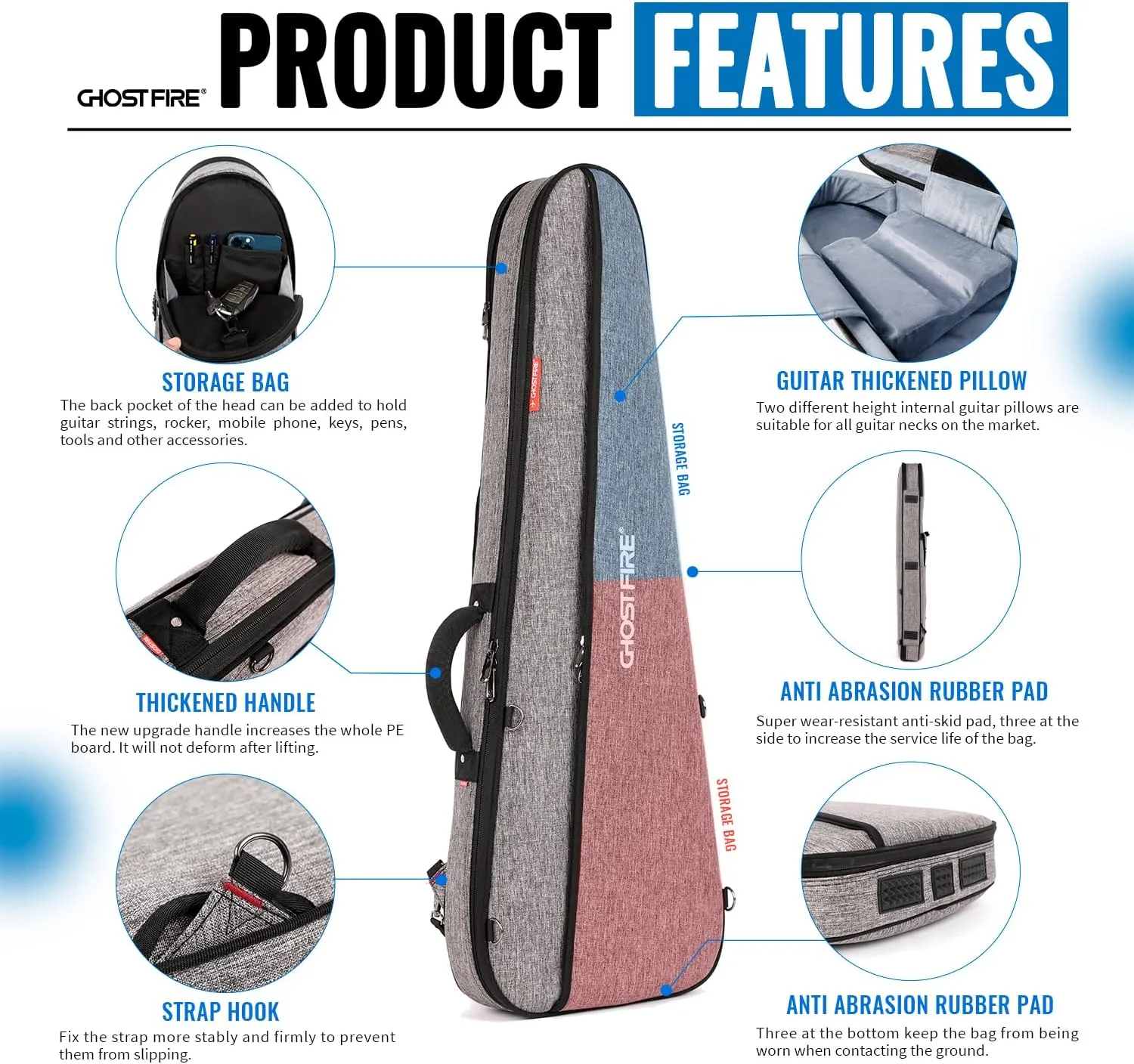 GHOSTFIRE high-end Electric Guitar Gig Bag Super thick fit ST/TL ，LP/SG An Expansion Package Is Attached (Electric guitar-grey)