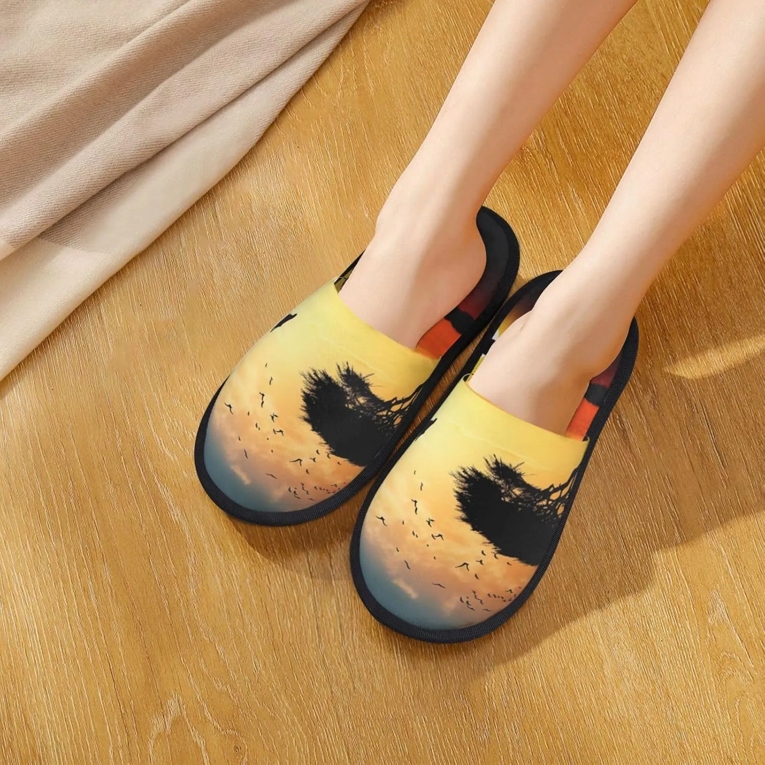Giraffe Sunset Furry Slippers for Men Women Fuzzy Memory Foam Slippers Warm Comfy Slip-on Bedroom Shoes Winter House Shoes for Indoor Outdoor