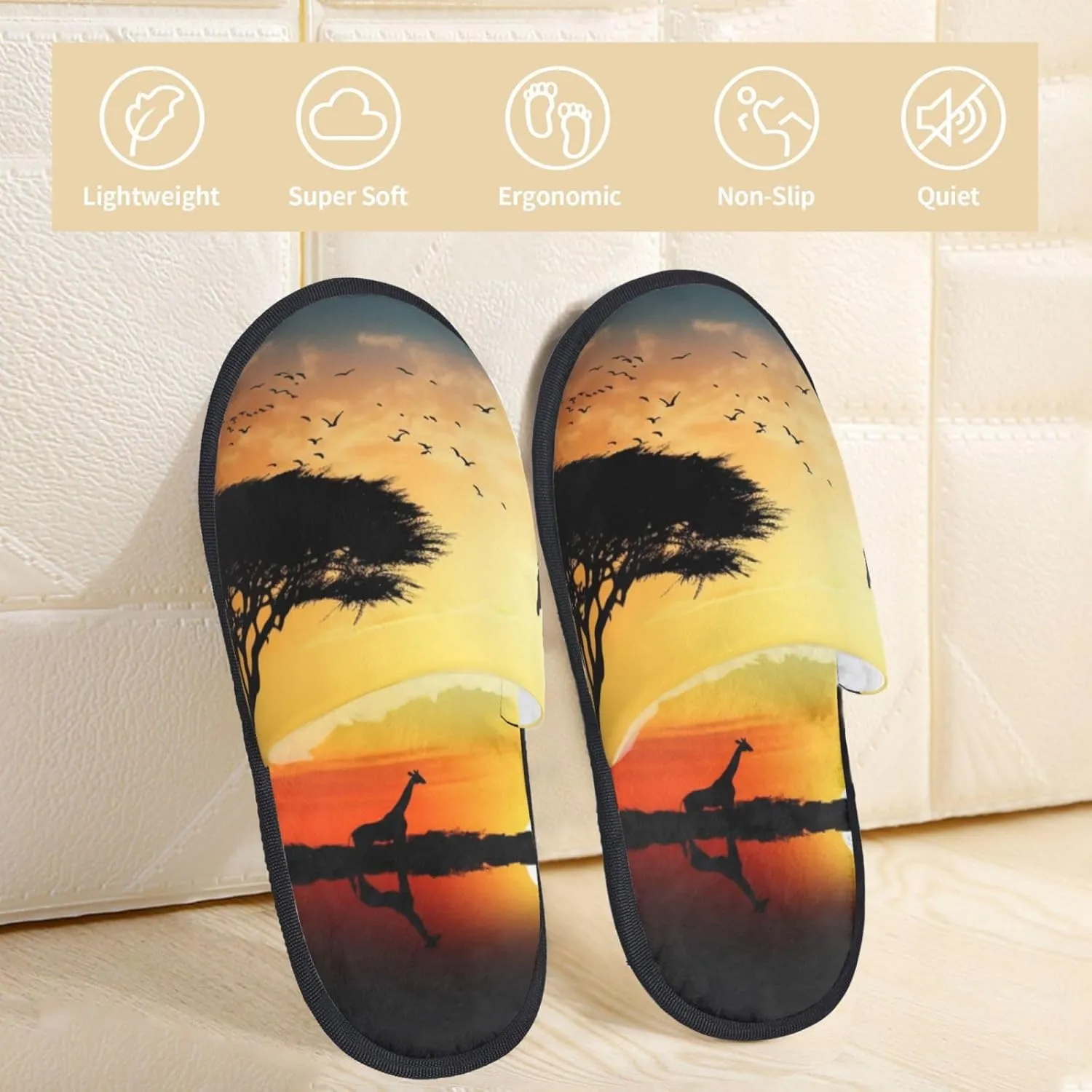 Giraffe Sunset Furry Slippers for Men Women Fuzzy Memory Foam Slippers Warm Comfy Slip-on Bedroom Shoes Winter House Shoes for Indoor Outdoor