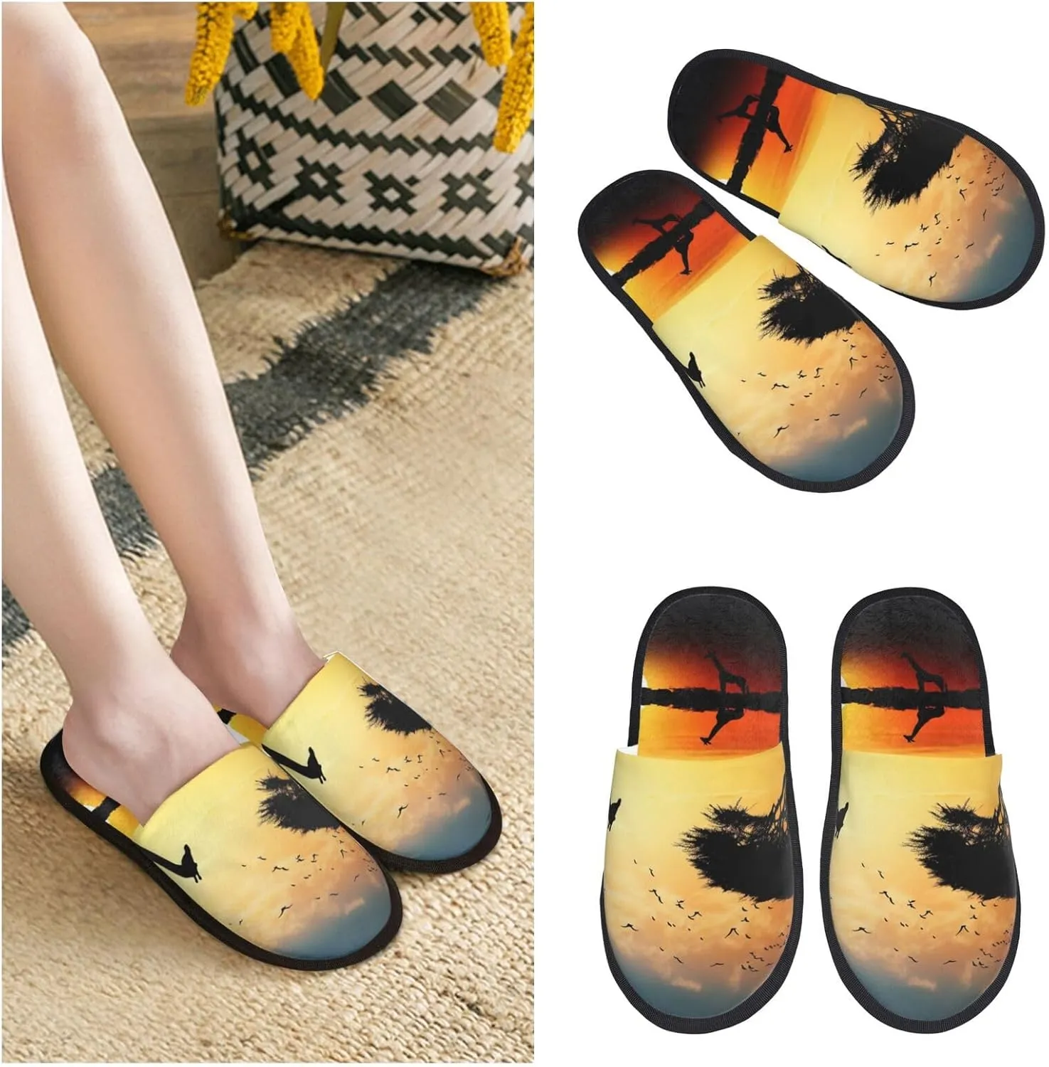 Giraffe Sunset Furry Slippers for Men Women Fuzzy Memory Foam Slippers Warm Comfy Slip-on Bedroom Shoes Winter House Shoes for Indoor Outdoor