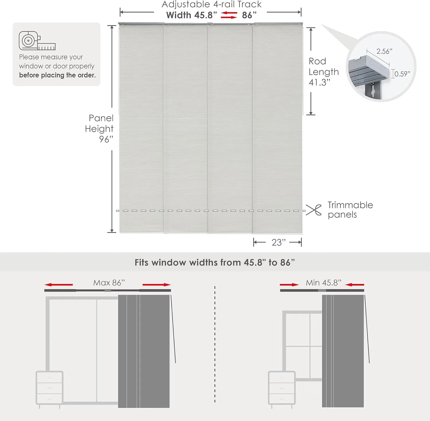 GoDear Design Adjustable Sliding Door Blinds 45.8"- 86" W x 96" H, Extendable Vertical Blinds for Sliding Glass Doors, Panel Track Window Blinds, Trimmable Woven Fabric Vertical Shades, First Snow