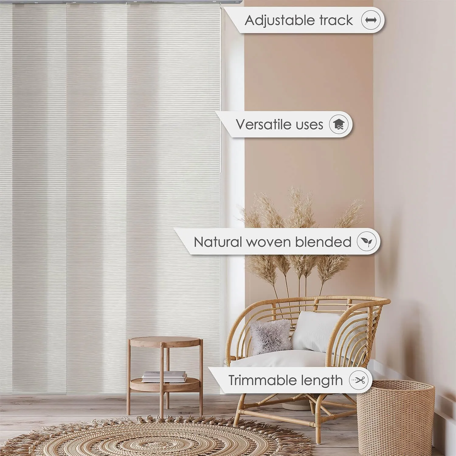GoDear Design Adjustable Sliding Door Blinds 45.8"- 86" W x 96" H, Extendable Vertical Blinds for Sliding Glass Doors, Panel Track Window Blinds, Trimmable Woven Fabric Vertical Shades, First Snow