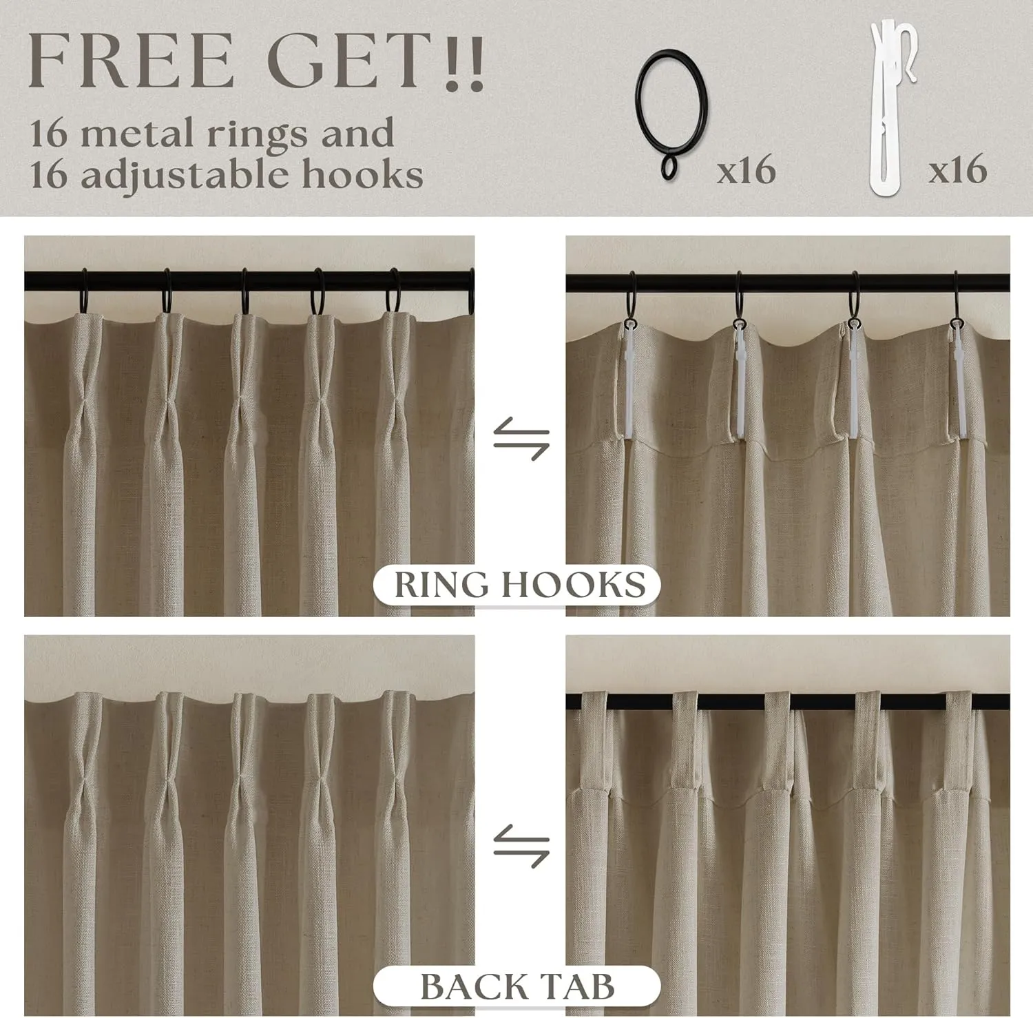 Grey Beige Linen Kitchen Curtains 45 Inches Long 2 Sets Basement Curtains for Small Window Pinch Pleated Back Tab Linen Blend Short Cafe Boho Semi Sheer Back Tab Drapes for Bay Windows Bedroom 40x45