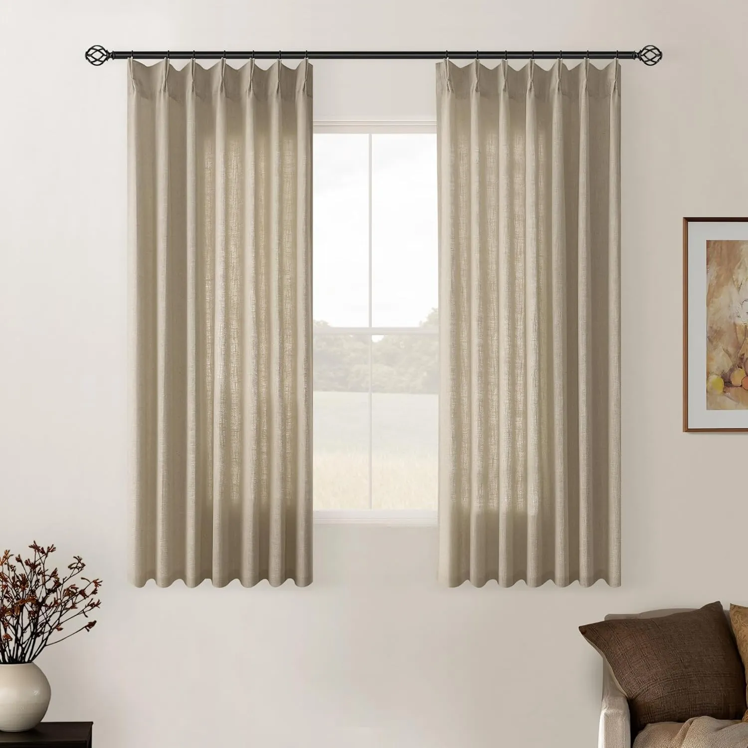 Grey Beige Linen Kitchen Curtains 45 Inches Long 2 Sets Basement Curtains for Small Window Pinch Pleated Back Tab Linen Blend Short Cafe Boho Semi Sheer Back Tab Drapes for Bay Windows Bedroom 40x45