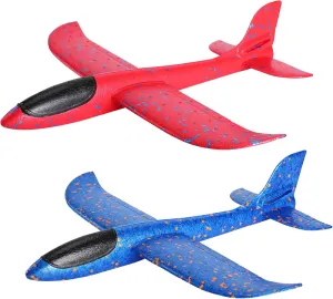 GSM Brands Foam Airplane Toys 2 Pack, 17.71 Inch Throwing Glider with Flight Upgrade 2 Tail Position Option (1 Red, 1 Blue)