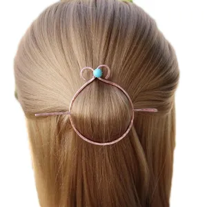 Hammered Shawl Pin Circle Hair Clip Turquoise Hair Barrette Green Bead Hair Slide Brass Hair Stick Copper Hair Accessories