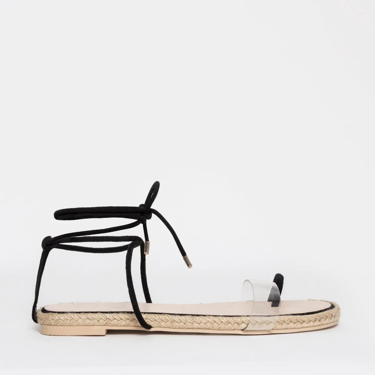 Hara Black Suede Clear Lace Up Flats