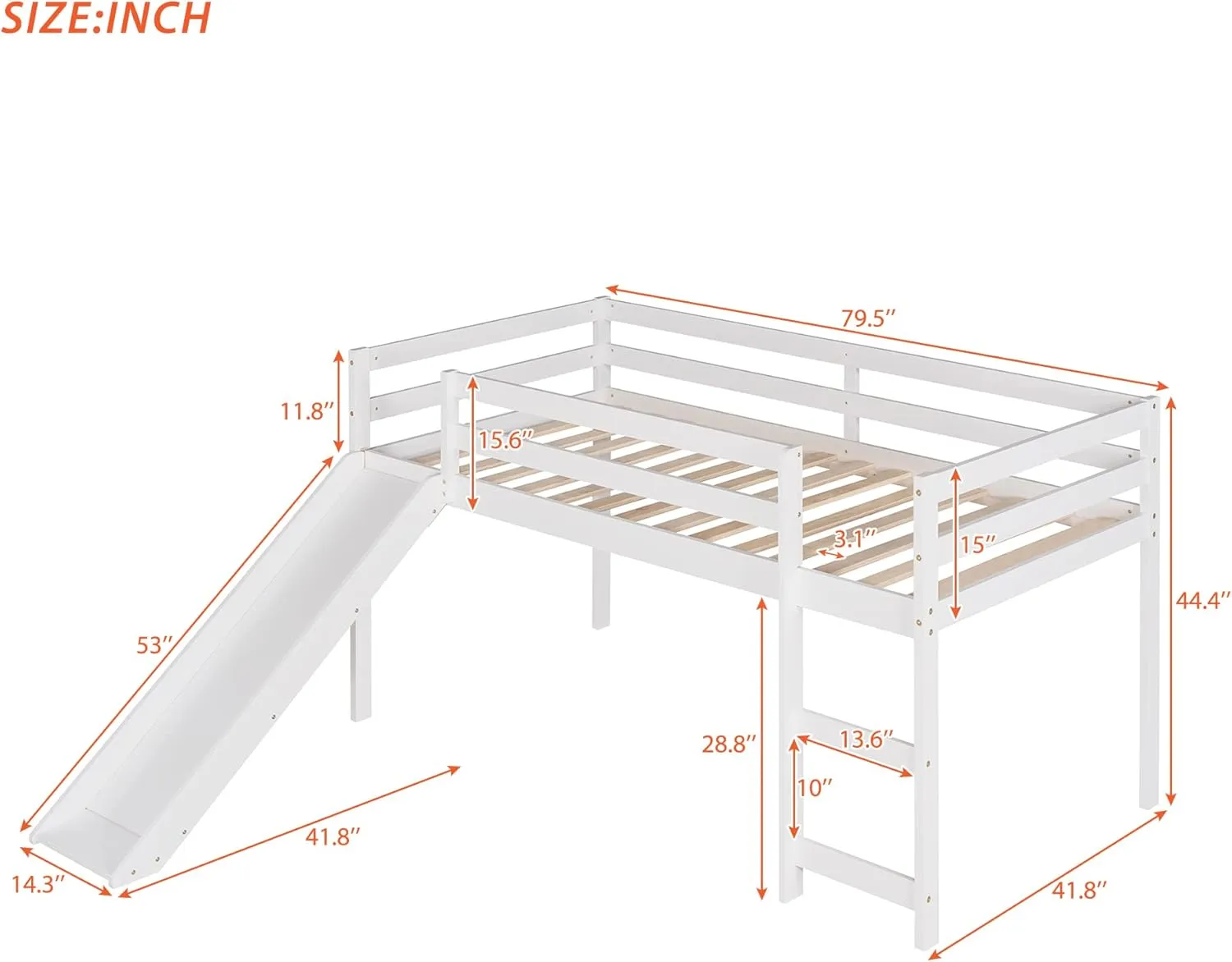 Harper & Bright Designs Kids Loft Bed with Slide,Twin Size Low Loft Beds for Girls Boys Solid Pine Wood Toddler Loft Bed with Ladder and Guard Rails,White