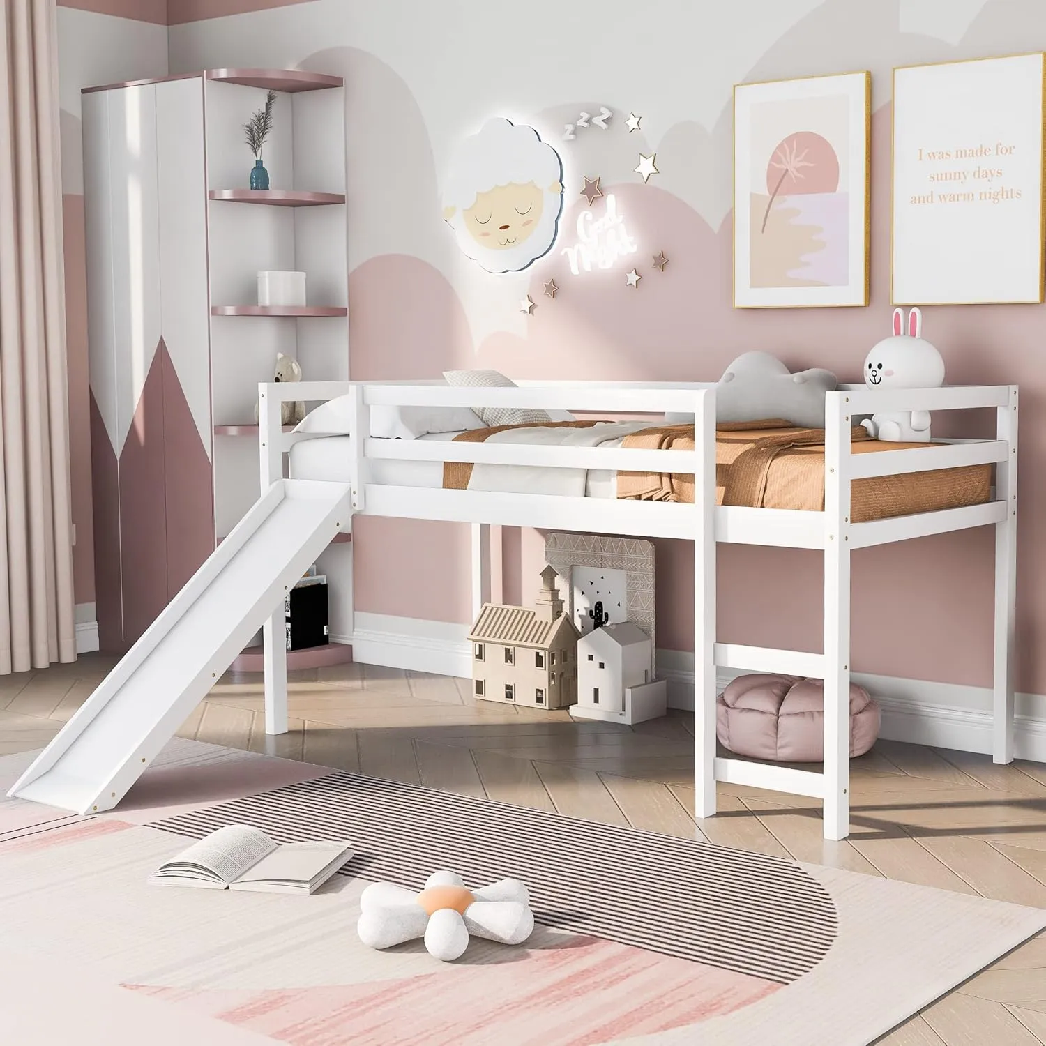 Harper & Bright Designs Kids Loft Bed with Slide,Twin Size Low Loft Beds for Girls Boys Solid Pine Wood Toddler Loft Bed with Ladder and Guard Rails,White