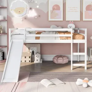 Harper & Bright Designs Kids Loft Bed with Slide,Twin Size Low Loft Beds for Girls Boys Solid Pine Wood Toddler Loft Bed with Ladder and Guard Rails,White