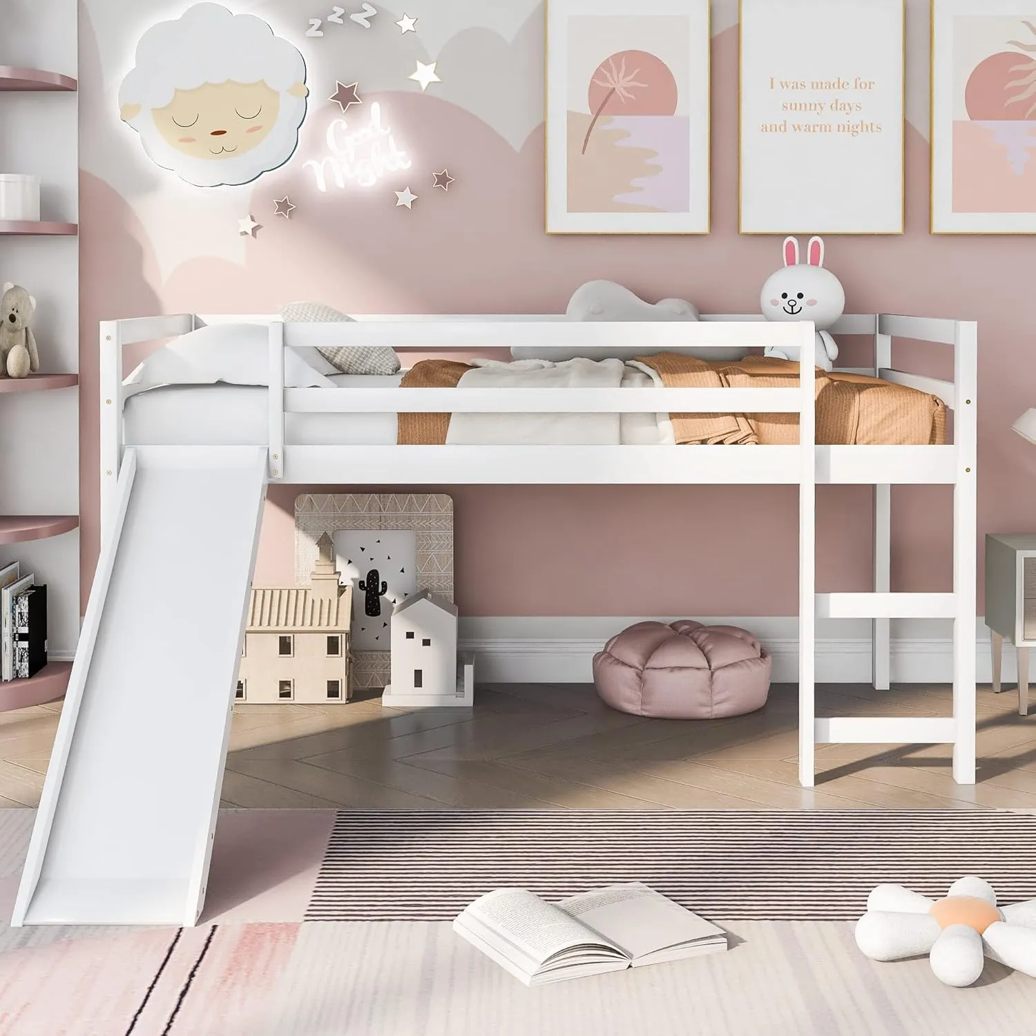Harper & Bright Designs Kids Loft Bed with Slide,Twin Size Low Loft Beds for Girls Boys Solid Pine Wood Toddler Loft Bed with Ladder and Guard Rails,White