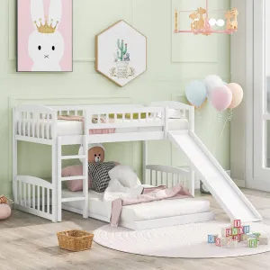 Harper & Bright Designs Low Bunk Bed Twin Over Twin, Wood Floor Bunk Bed with Slide and Ladder, L-Shape Bunk Bed for Kids Toddlers Teens Boys & Girls (White)