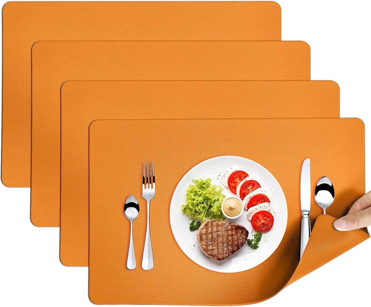 Herda Orange Faux Leather Fall Placemats,4 Set PU Leather Dining Mats Fall Non-Slip Waterproof Placemats, Indoor Wipeable Washable Thick Table Mats, Heat Resistant Table Mats Set of 4 Thanksgiving