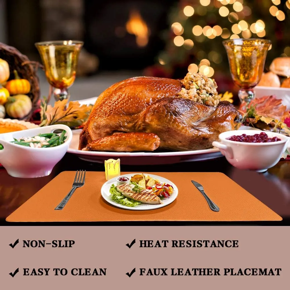 Herda Orange Faux Leather Fall Placemats,4 Set PU Leather Dining Mats Fall Non-Slip Waterproof Placemats, Indoor Wipeable Washable Thick Table Mats, Heat Resistant Table Mats Set of 4 Thanksgiving