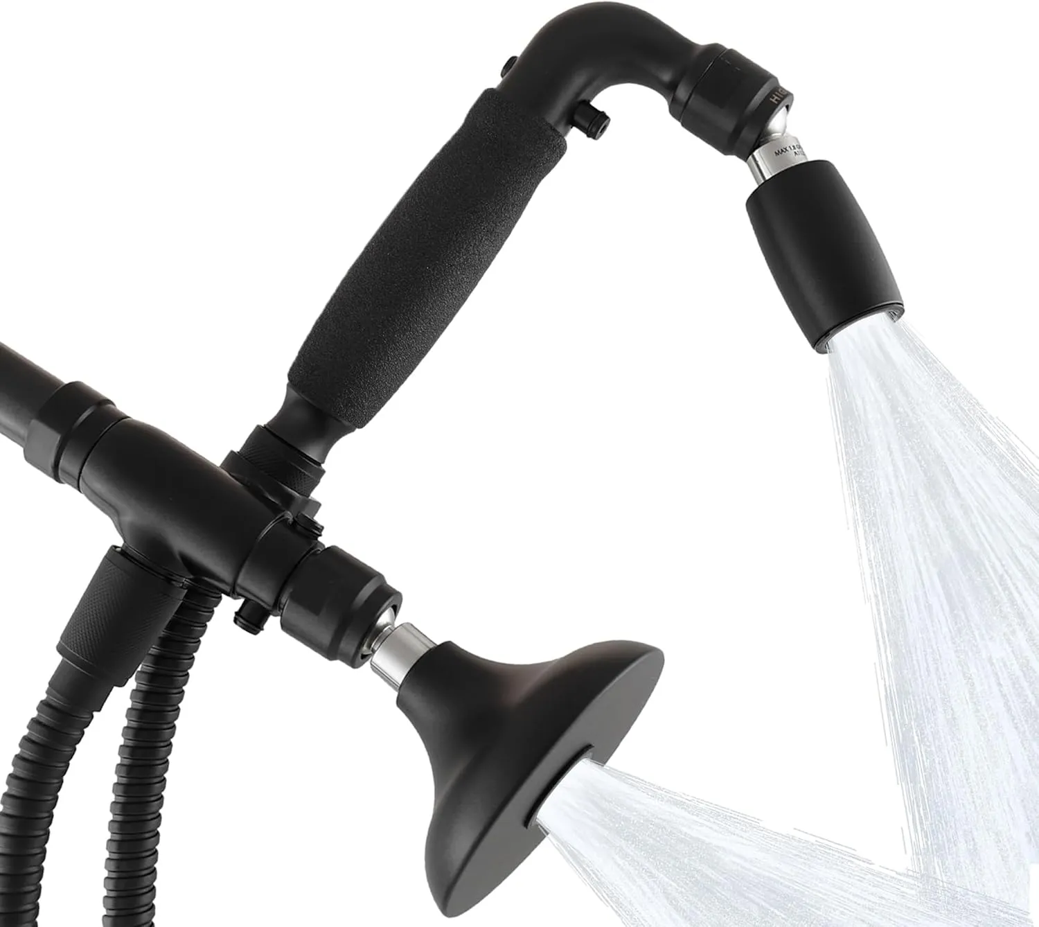High Sierra® - Solid Metal 4-Way Combo HALF DOME® Fixed and Hanheld Shower Heads with Slipped Free Rubber Grip. Run Separately or Both at Full Flow - 1.5 GPM per Shower Head - Matte Black Finish